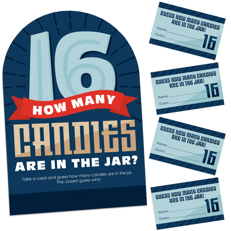 Boy 16th Birthday - How Many Candies Sweet Sixteen Birthday Party Game - 1 Stand and 40 Cards - Candy Guessing Game