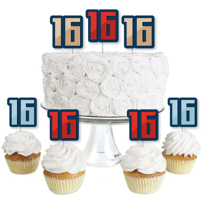 Boy 16th Birthday - Dessert Cupcake Toppers - Sweet Sixteen Birthday Party Clear Treat Picks - Set of 24