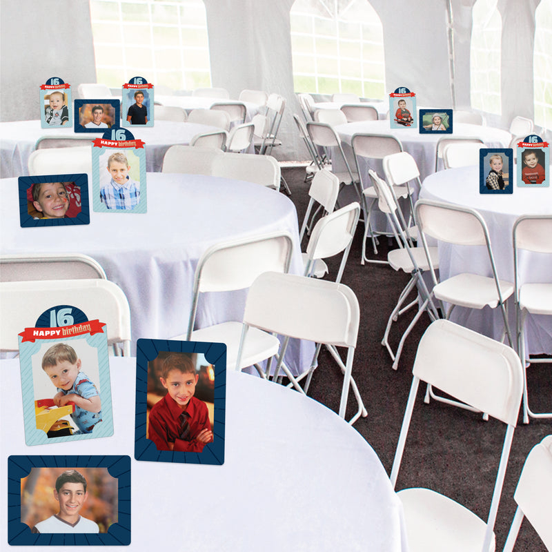 Boy 16th Birthday - Sweet Sixteen Birthday Party 4x6 Picture Display - Paper Photo Frames - Set of 12