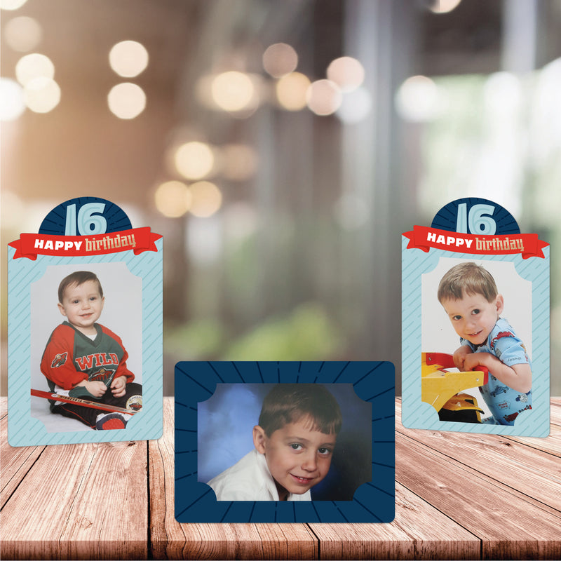 Boy 16th Birthday - Sweet Sixteen Birthday Party 4x6 Picture Display - Paper Photo Frames - Set of 12