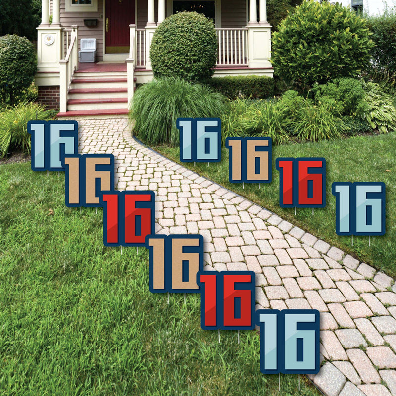 Boy 16th Birthday - Sixteen Shaped Lawn Decorations - Outdoor Sweet Sixteen Birthday Party Yard Decorations - 10 Piece