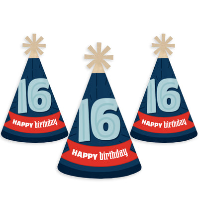 Boy 16th Birthday - Cone Happy Birthday Party Hats for Adults - Set of 8 (Standard Size)
