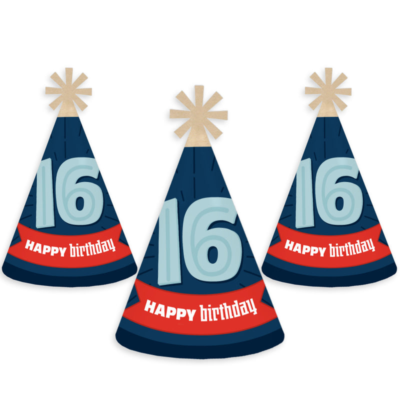 Boy 16th Birthday - Cone Happy Birthday Party Hats for Adults - Set of 8 (Standard Size)