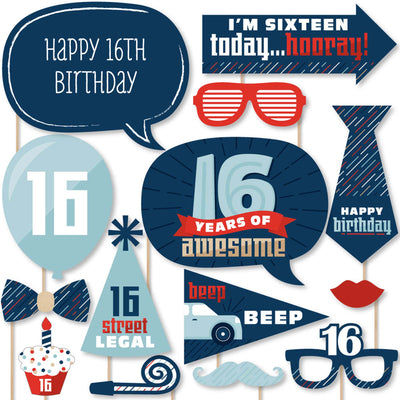 Boy 16th Birthday - Sweet Sixteen Birthday Party Photo Booth Props Kit - 20 Count