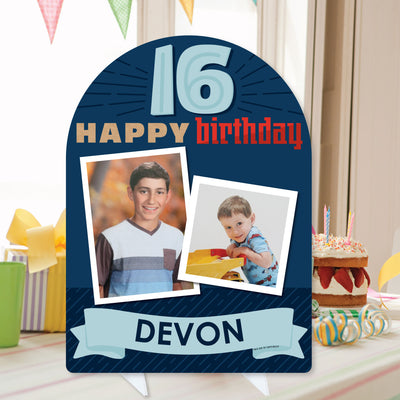 Boy 16th Birthday - Personalized Sweet Sixteen Birthday Party Picture Display Stand - Photo Tabletop Sign - Upload 2 Photos - 1 Piece