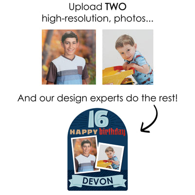 Boy 16th Birthday - Personalized Sweet Sixteen Birthday Party Picture Display Stand - Photo Tabletop Sign - Upload 2 Photos - 1 Piece