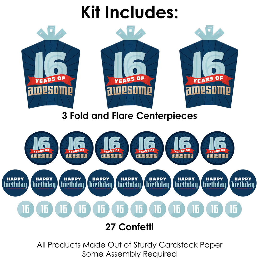 Boy 16th Birthday - Sweet Sixteen Birthday Party Decor and Confetti - Terrific Table Centerpiece Kit - Set of 30