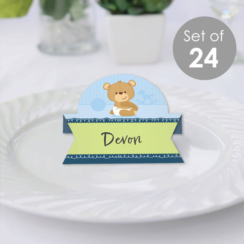 Baby Boy Teddy Bear - Baby Shower Tent Buffet Card - Table Setting Name Place Cards - Set of 24