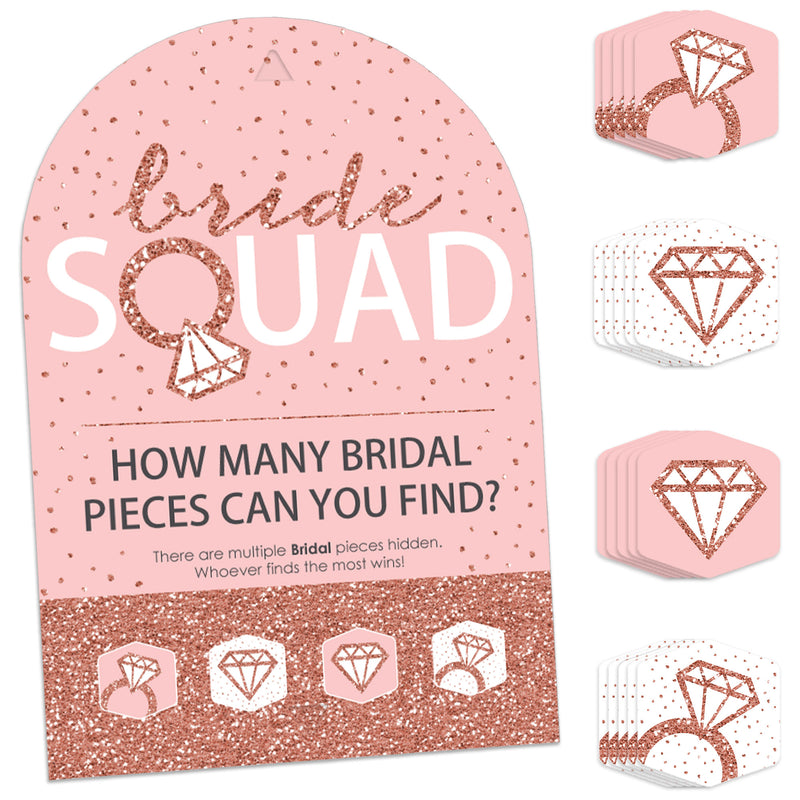 Bride Squad - Rose Gold Bridal Shower or Bachelorette Party Scavenger Hunt - 1 Stand and 48 Game Pieces - Hide and Find Game