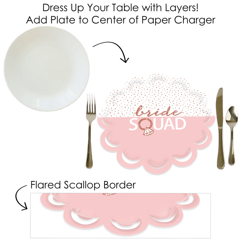 Bride Squad - Rose Gold Bridal Shower or Bachelorette Party Round Table Decorations - Paper Chargers - Place Setting For 12
