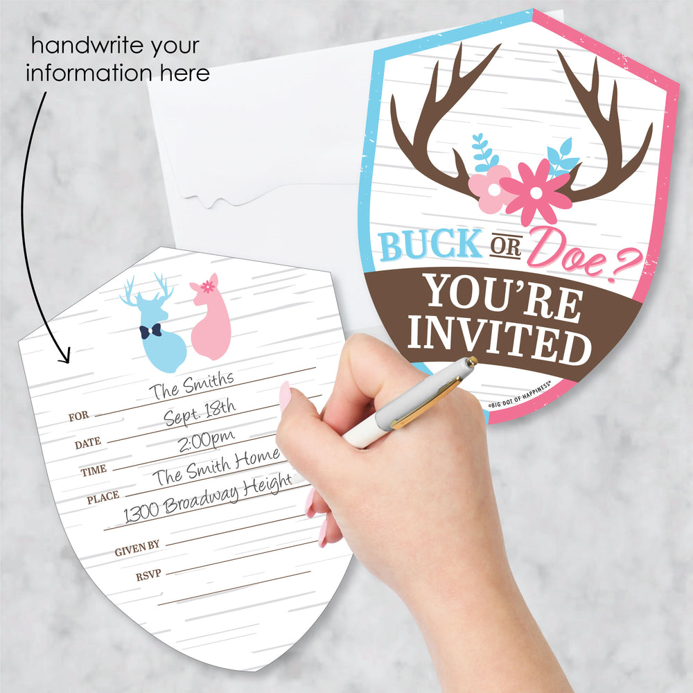 Buck or Doe - Shaped Fill-In Invitations - Hunting Gender Reveal Party Invitation Cards with Envelopes - Set of 12