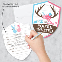 Buck or Doe - Shaped Fill-In Invitations - Hunting Gender Reveal Party Invitation Cards with Envelopes - Set of 12