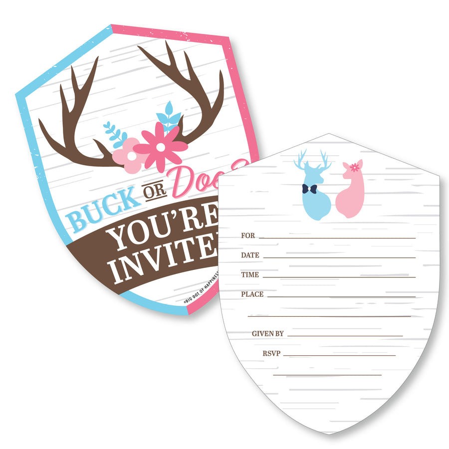 Buck or Doe - Shaped Fill-In Invitations - Hunting Gender Reveal Party Invitation Cards with Envelopes - Set of 12
