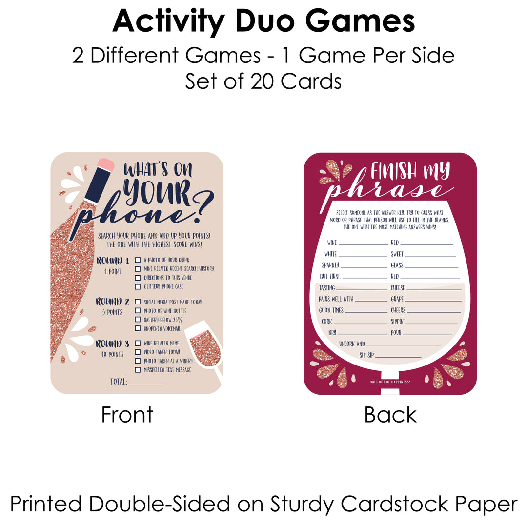 But First, Wine - 2-in-1 Wine Tasting Party Cards - Activity Duo Games - Set of 20