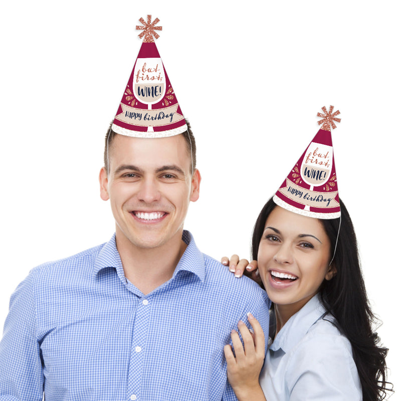 But First, Wine - Cone Happy Birthday Party Hats for Kids and Adults - Set of 8 (Standard Size)