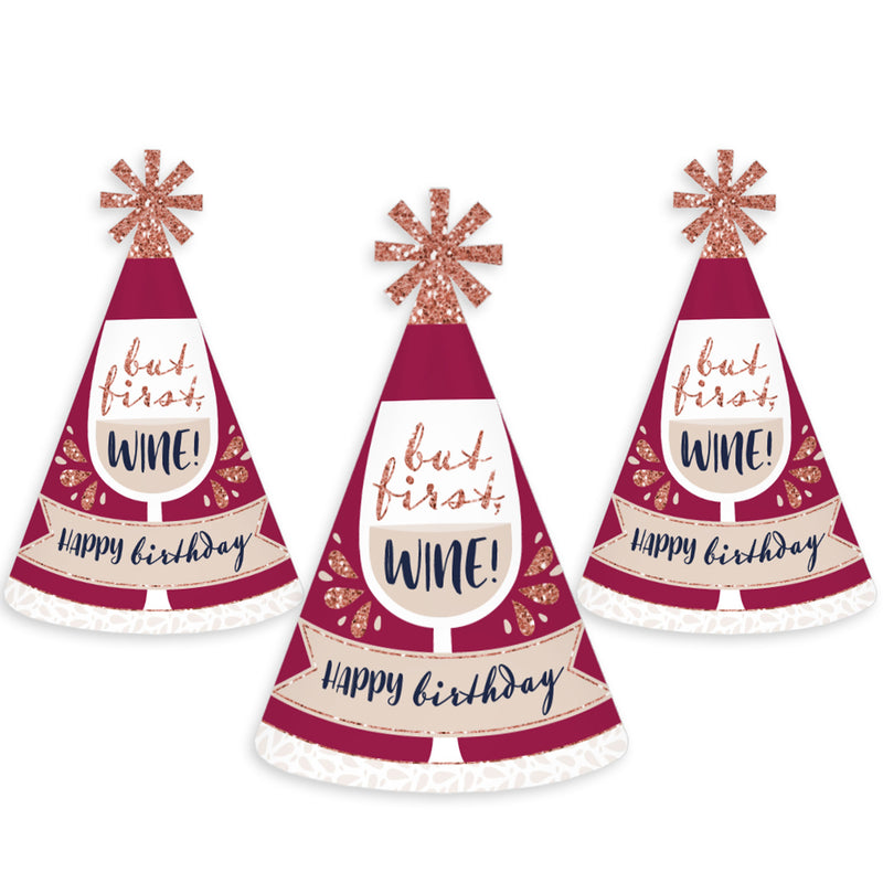 But First, Wine - Cone Happy Birthday Party Hats for Kids and Adults - Set of 8 (Standard Size)