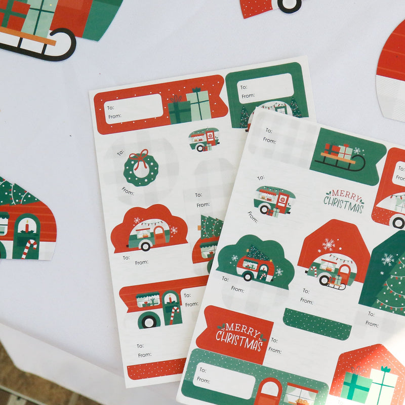 Camper Christmas - Assorted Red and Green Holiday Party Gift Tag Labels - To and From Stickers - 12 Sheets - 120 Stickers