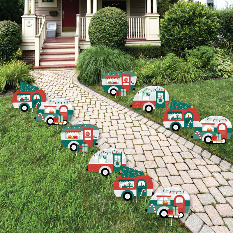 Camper Christmas - Lawn Decorations - Outdoor Red and Green Holiday Party Yard Decorations - 10 Piece