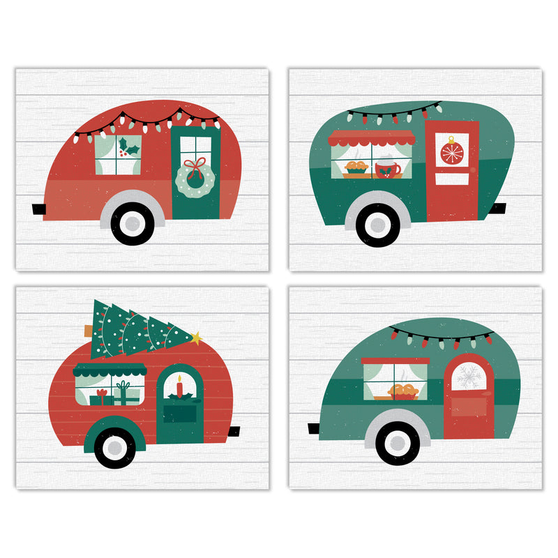 Camper Christmas - Unframed Red and Green Holiday Linen Paper Wall Art - Set of 4 - Artisms - 8 x 10 inches