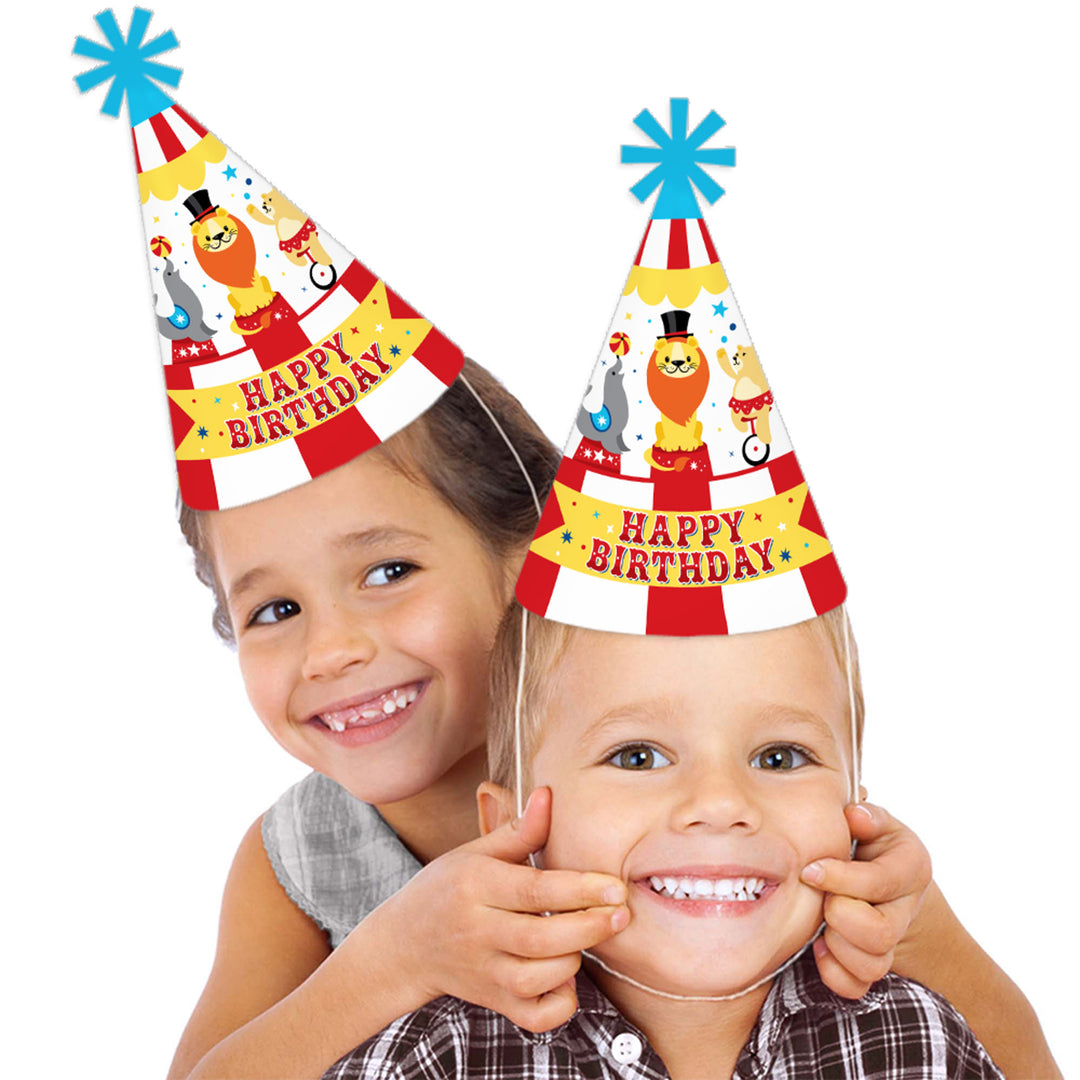 Carnival - Step Right Up Circus - Cone Happy Birthday Party Hats for Kids and Adults - Set of 8 (Standard Size)