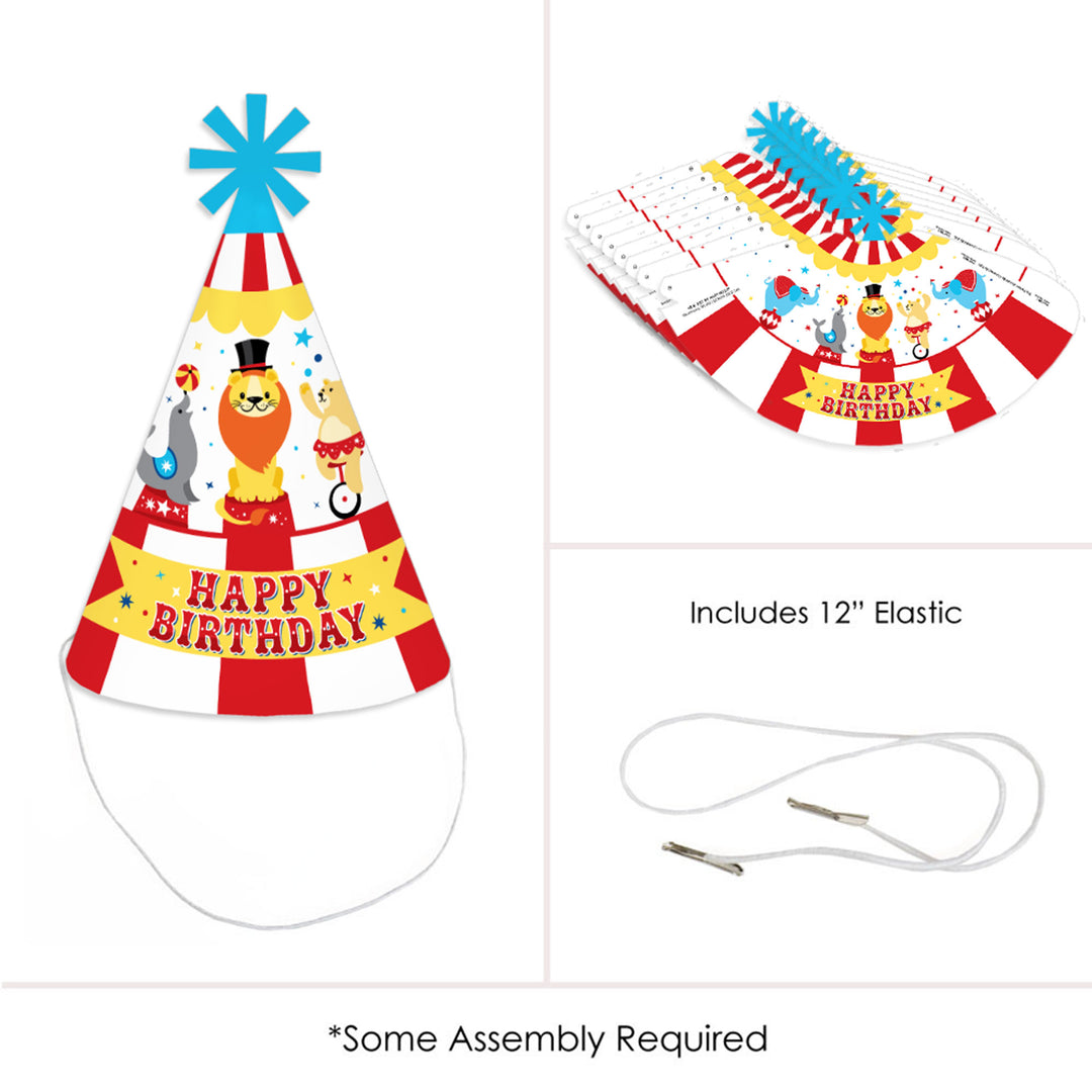 Carnival - Step Right Up Circus - Cone Happy Birthday Party Hats for Kids and Adults - Set of 8 (Standard Size)