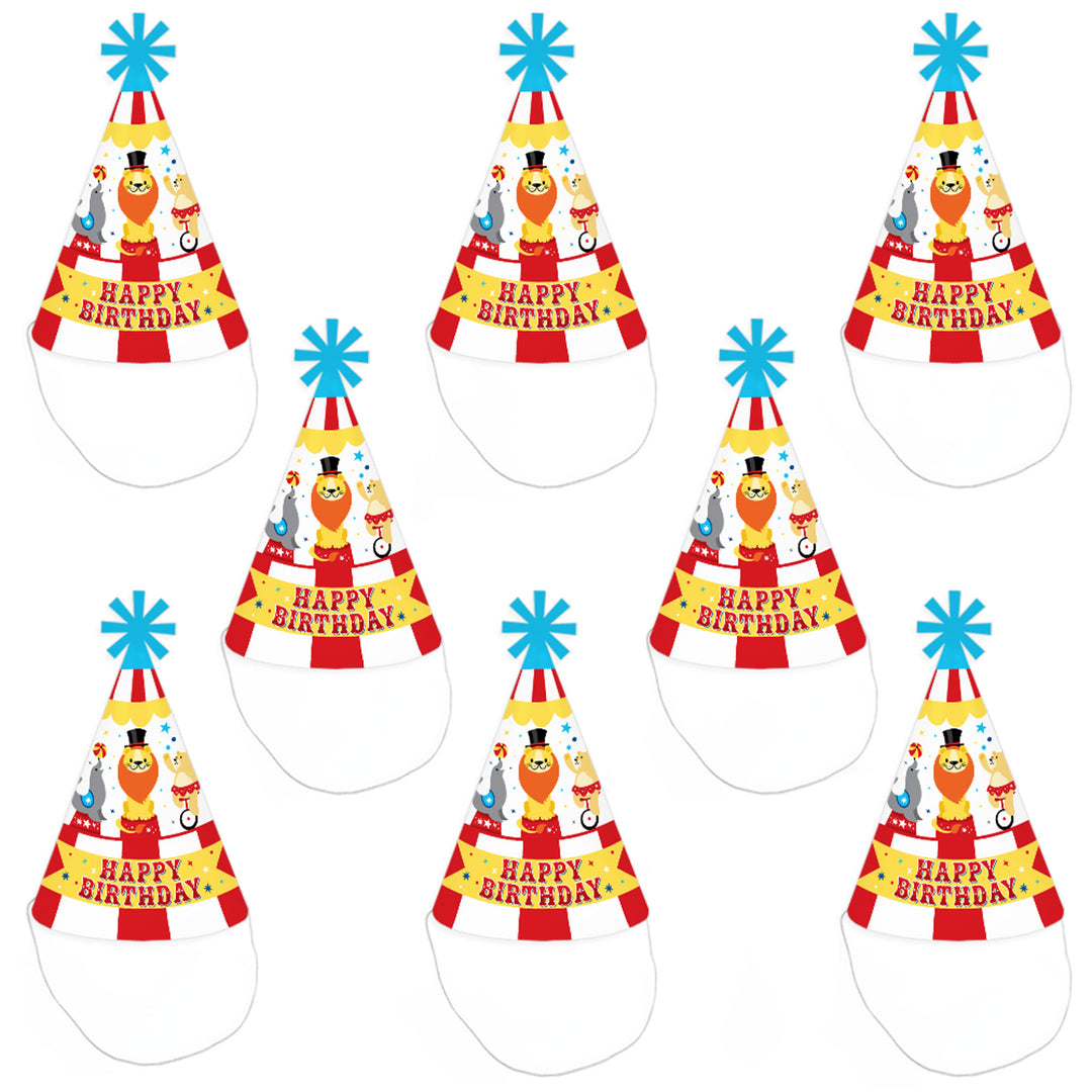 Carnival - Step Right Up Circus - Cone Happy Birthday Party Hats for Kids and Adults - Set of 8 (Standard Size)