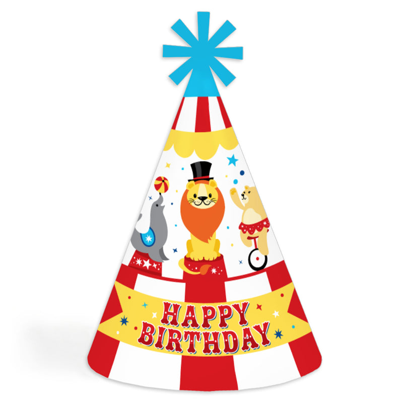 Carnival - Step Right Up Circus - Cone Happy Birthday Party Hats for Kids and Adults - Set of 8 (Standard Size)