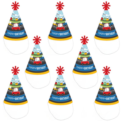 Cars, Trains, and Airplanes - Cone Happy Birthday Party Hats for Kids and Adults - Set of 8 (Standard Size)