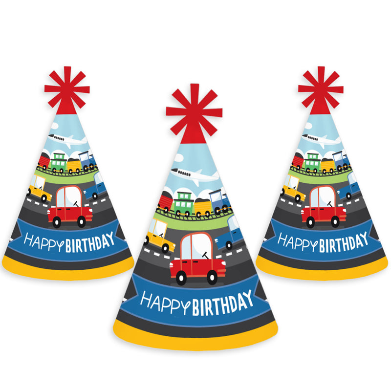 Cars, Trains, and Airplanes - Cone Happy Birthday Party Hats for Kids and Adults - Set of 8 (Standard Size)