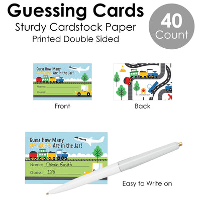 Cars, Trains, and Airplanes - How Many Candies Transportation Birthday Party Game - 1 Stand and 40 Cards - Candy Guessing Game