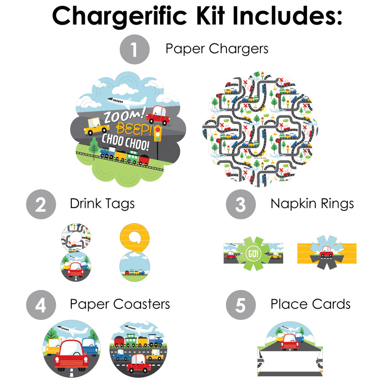 Cars, Trains, and Airplanes - Transportation Birthday Party Paper Charger and Table Decorations - Chargerific Kit - Place Setting for 8