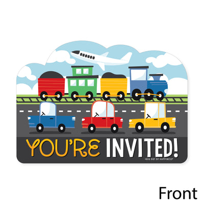 Cars, Trains, and Airplanes - Shaped Fill-In Invitations - Transportation Birthday Party Invitation Cards with Envelopes - Set of 12