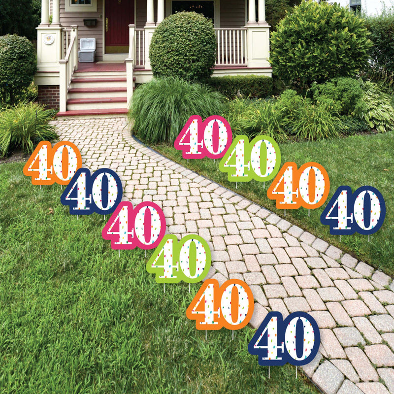 40th Birthday - Cheerful Happy Birthday - Lawn Decorations - Outdoor Colorful Fortieth Birthday Party Yard Decorations - 10 Piece