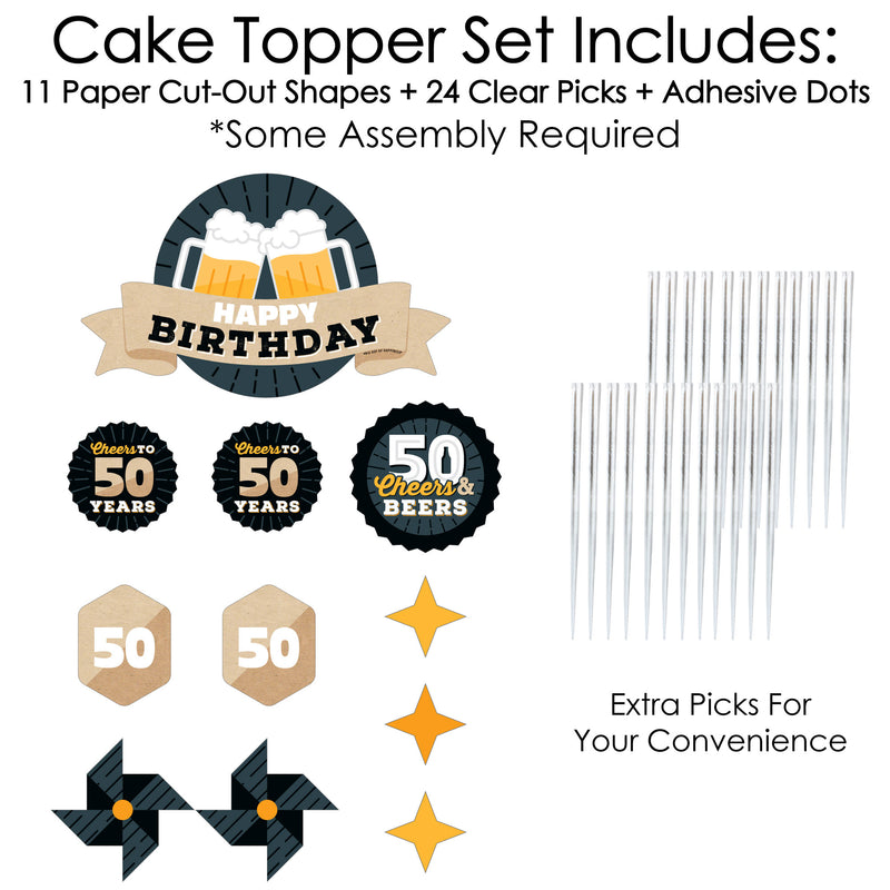 Cheers and Beers to 50 Years - 50th Birthday Party Cake Decorating Kit - Happy Birthday Cake Topper Set - 11 Pieces