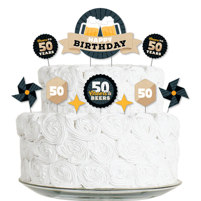 Cheers and Beers to 50 Years - 50th Birthday Party Cake Decorating Kit - Happy Birthday Cake Topper Set - 11 Pieces