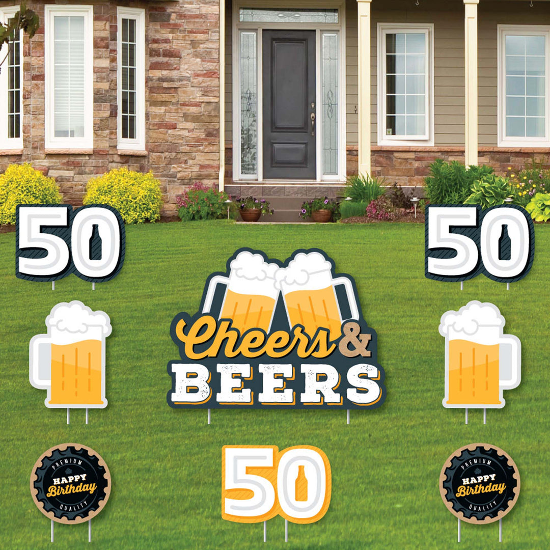 A set of yard signs for a 50th birthday party featuring the phrases 'Cheers and Beers' to 50 years, with two beer mug shapes, and number 50 signs displayed on a lawn.
