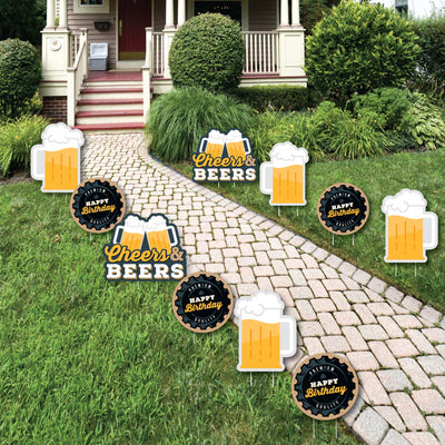 Cheers and Beers Happy Birthday - Beer Mug Lawn Decorations - Outdoor Birthday Party Yard Decorations - 10 Piece