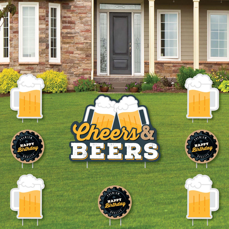 Cheers and Beers Happy Birthday - Yard Sign and Outdoor Lawn Decorations - Birthday Party Yard Signs - Set of 8
