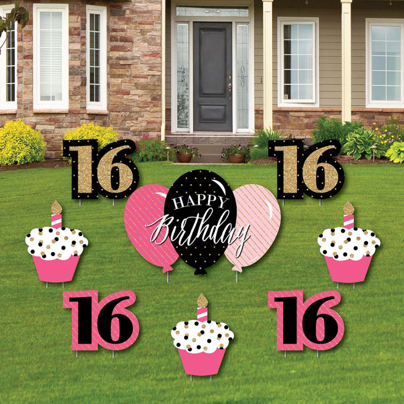 Chic 16th Birthday - Pink, Black and Gold - Yard Sign & Outdoor Lawn Decorations - Birthday Party Yard Signs - Set of 8