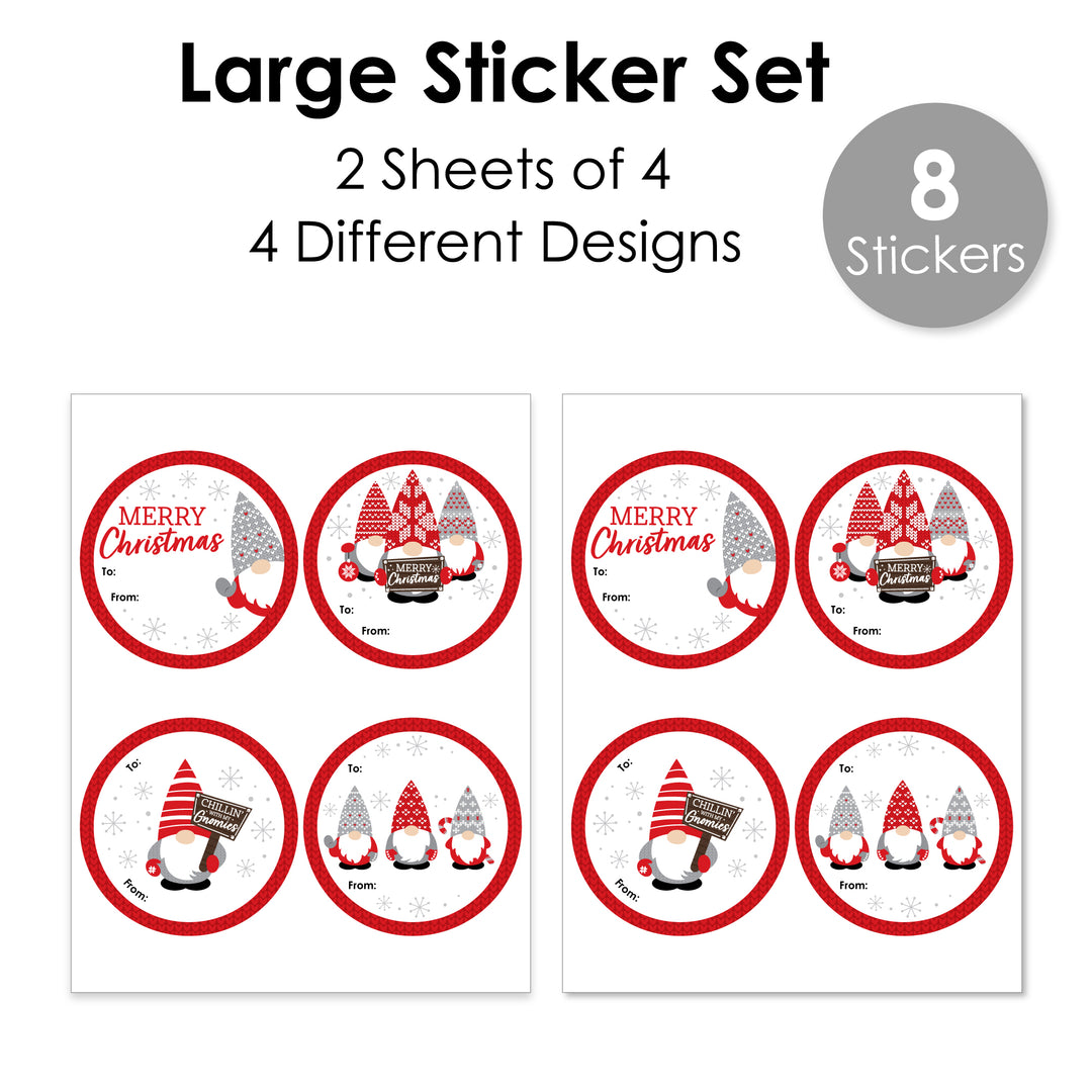 Christmas Gnomes - Round Holiday Party To and From Gift Tags - Large Stickers - Set of 8
