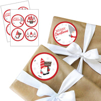 A set of Christmas-themed large sticker tags with various designs featuring gnomes, presented on a white background. The stickers are intended for gift wrapping.