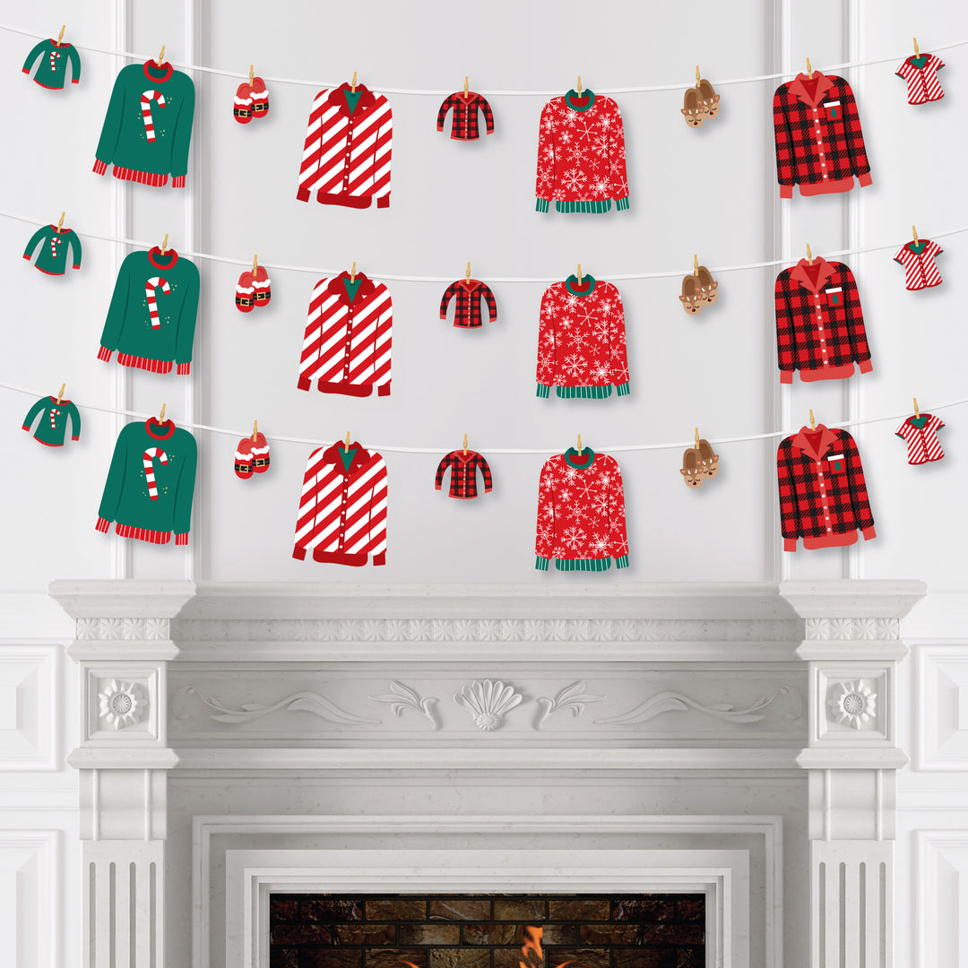 Christmas Pajamas - Holiday Plaid PJ Party DIY Decorations - Clothespin Garland Banner - 44 Pieces