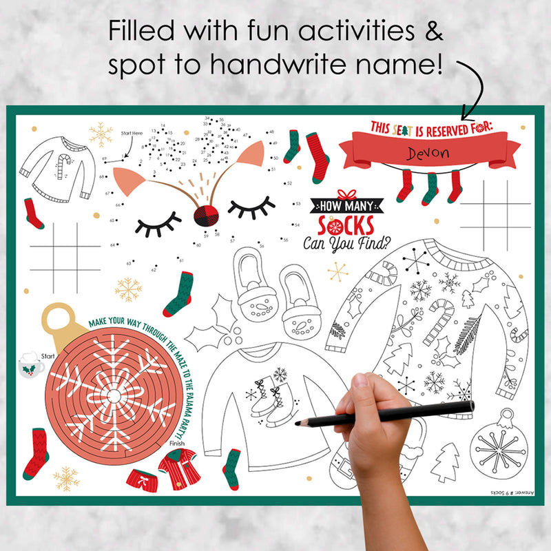 Christmas Pajamas - Paper Holiday Plaid PJ Party Coloring Sheets - Activity Placemats - Set of 16