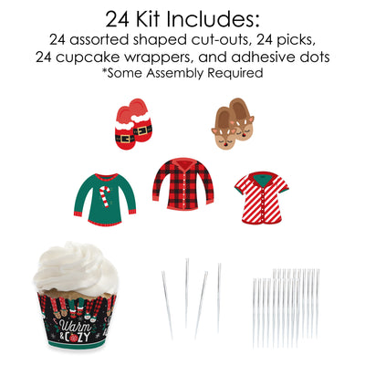 Christmas Pajamas - Cupcake Decoration - Holiday Plaid PJ Party Cupcake Wrappers and Treat Picks Kit - Set of 24