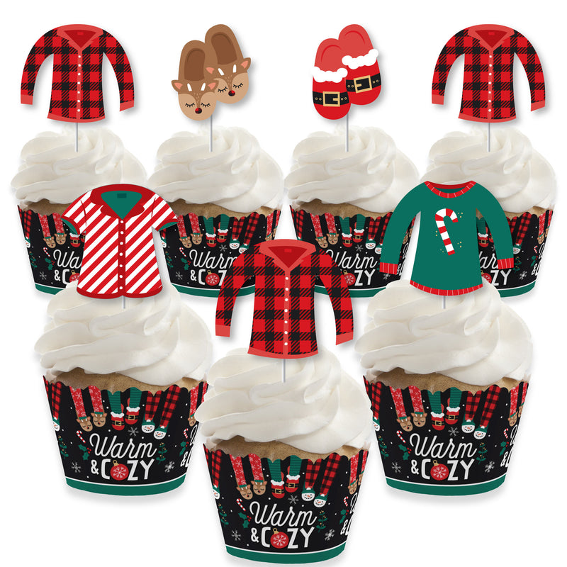 Christmas Pajamas - Cupcake Decoration - Holiday Plaid PJ Party Cupcake Wrappers and Treat Picks Kit - Set of 24