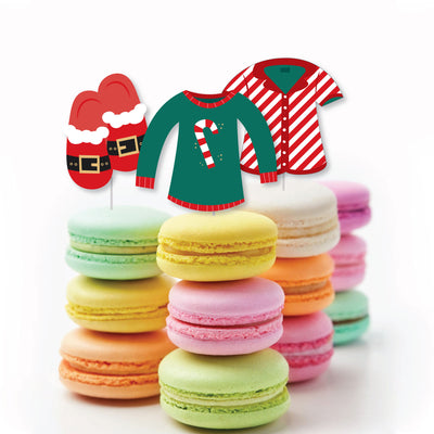 Christmas Pajamas - Dessert Cupcake Toppers - Holiday Plaid PJ Party Clear Treat Picks - Set of 24