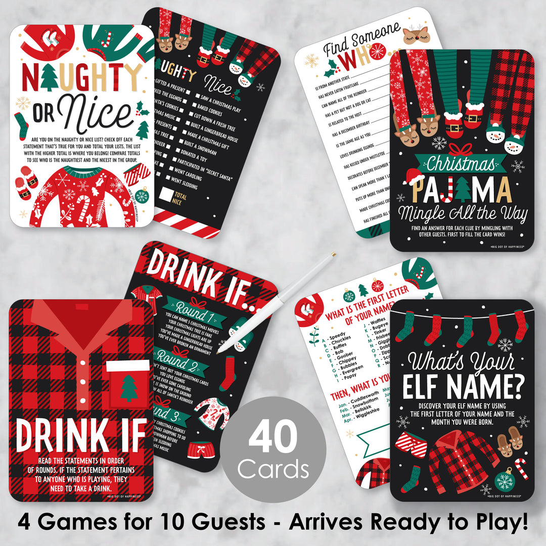 Christmas Pajamas - 4 Holiday Plaid PJ Party Games - 10 Cards Each - Gamerific Bundle