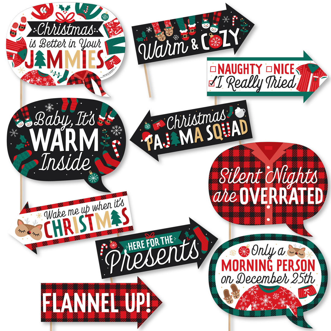 Funny Christmas Pajamas - Holiday Plaid PJ Party Photo Booth Props Kit - 10 Piece