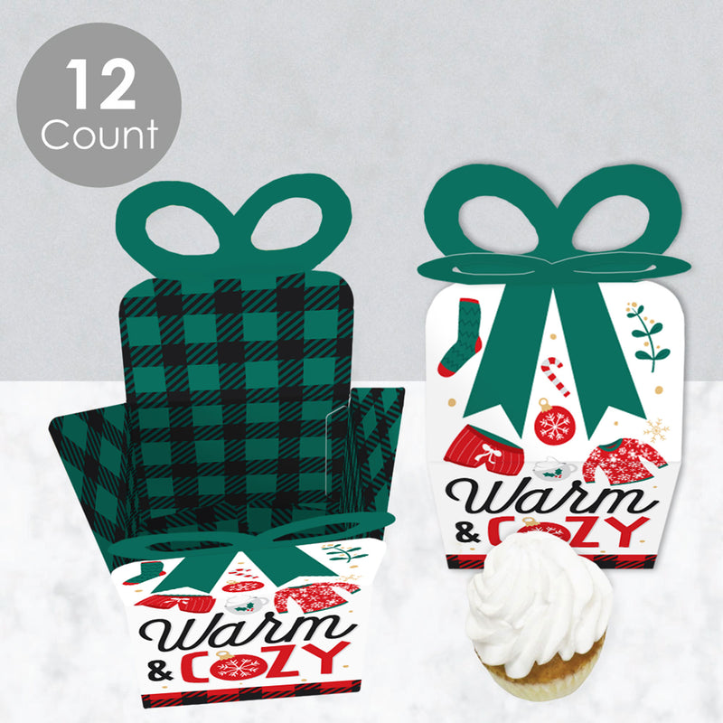 Christmas Pajamas - Square Favor Gift Boxes - Holiday Plaid PJ Party Bow Boxes - Set of 12