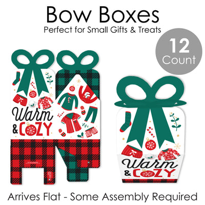 Christmas Pajamas - Square Favor Gift Boxes - Holiday Plaid PJ Party Bow Boxes - Set of 12